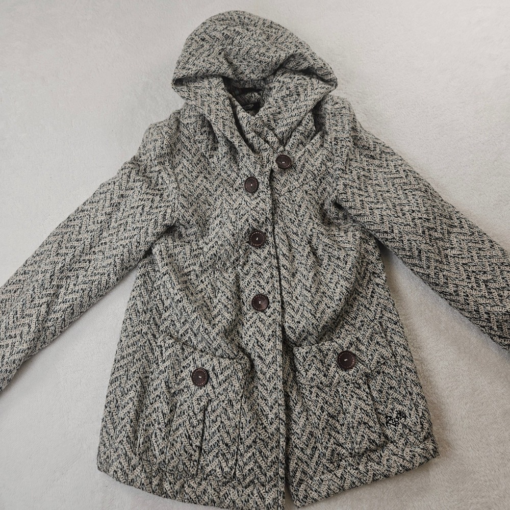 Rusty Womens Hooded Herringbone Peacoat Jacket Black White Blue Size S